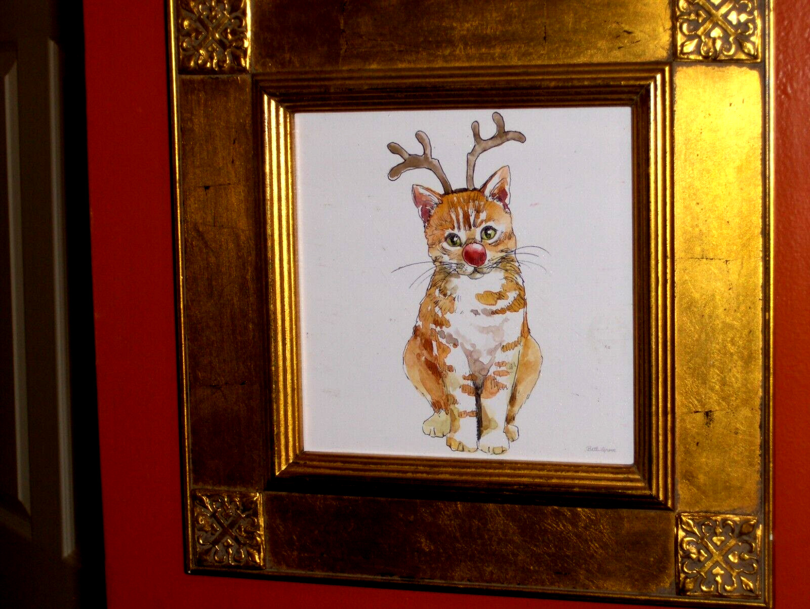 LOVELY Cat Winter Joy Celebrations Signed Betti Grove Giclee Painting Canvas