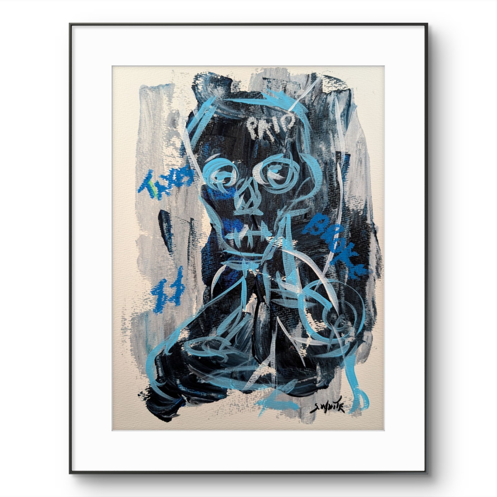 Abstract Skull Figure Original Painting 9×12 Paper Art Blue Black White SWhite