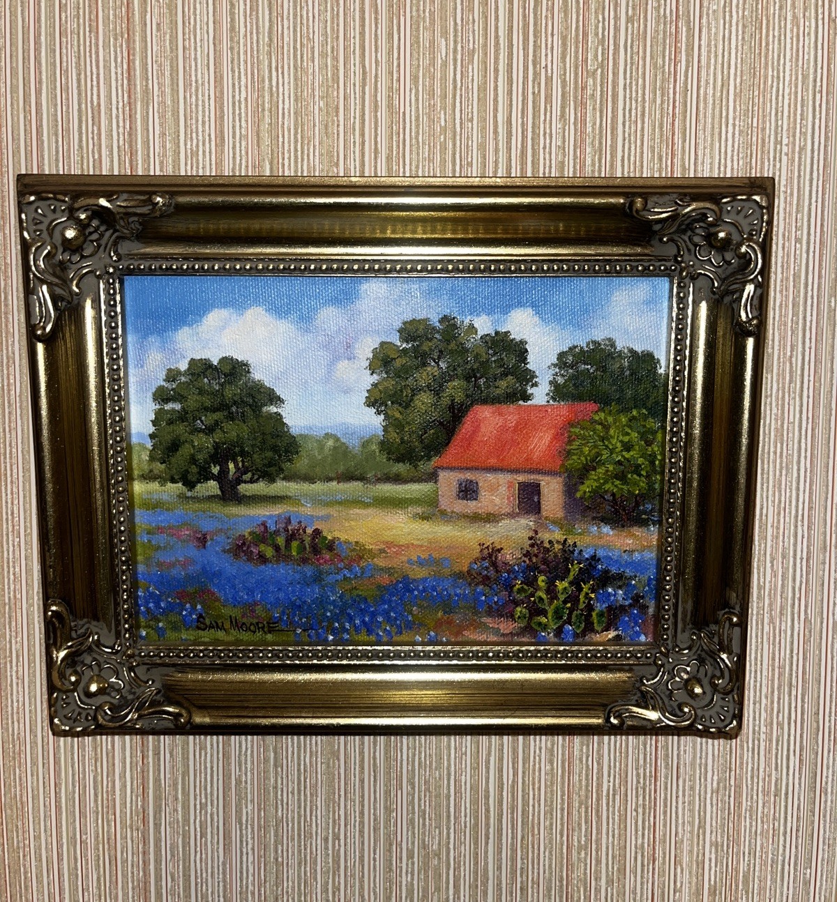 Sam Moore Original Oil Painting Texas Bluebonnets Hill Country Framed Ready Hang