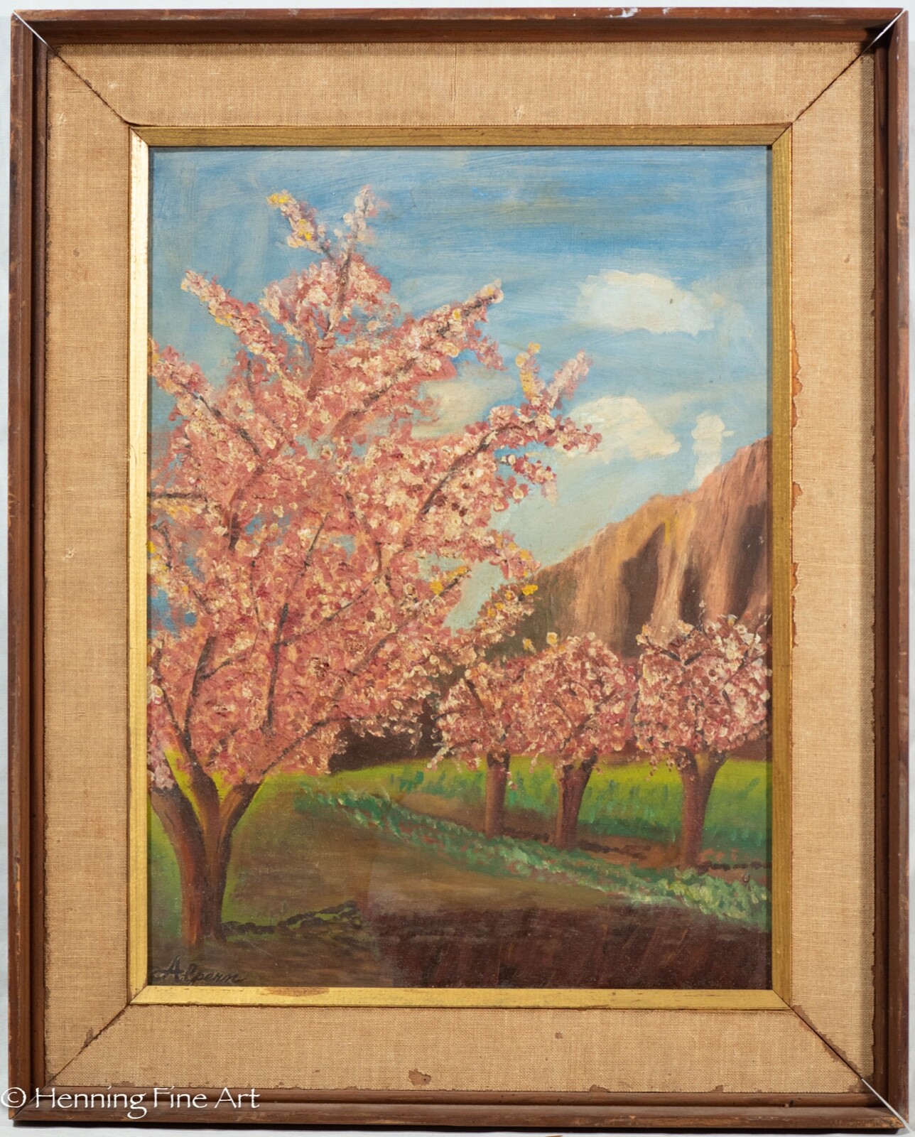 Vintage Folksy Naive Impressionist Landscape w/ Pink Flowering Trees, Signed!