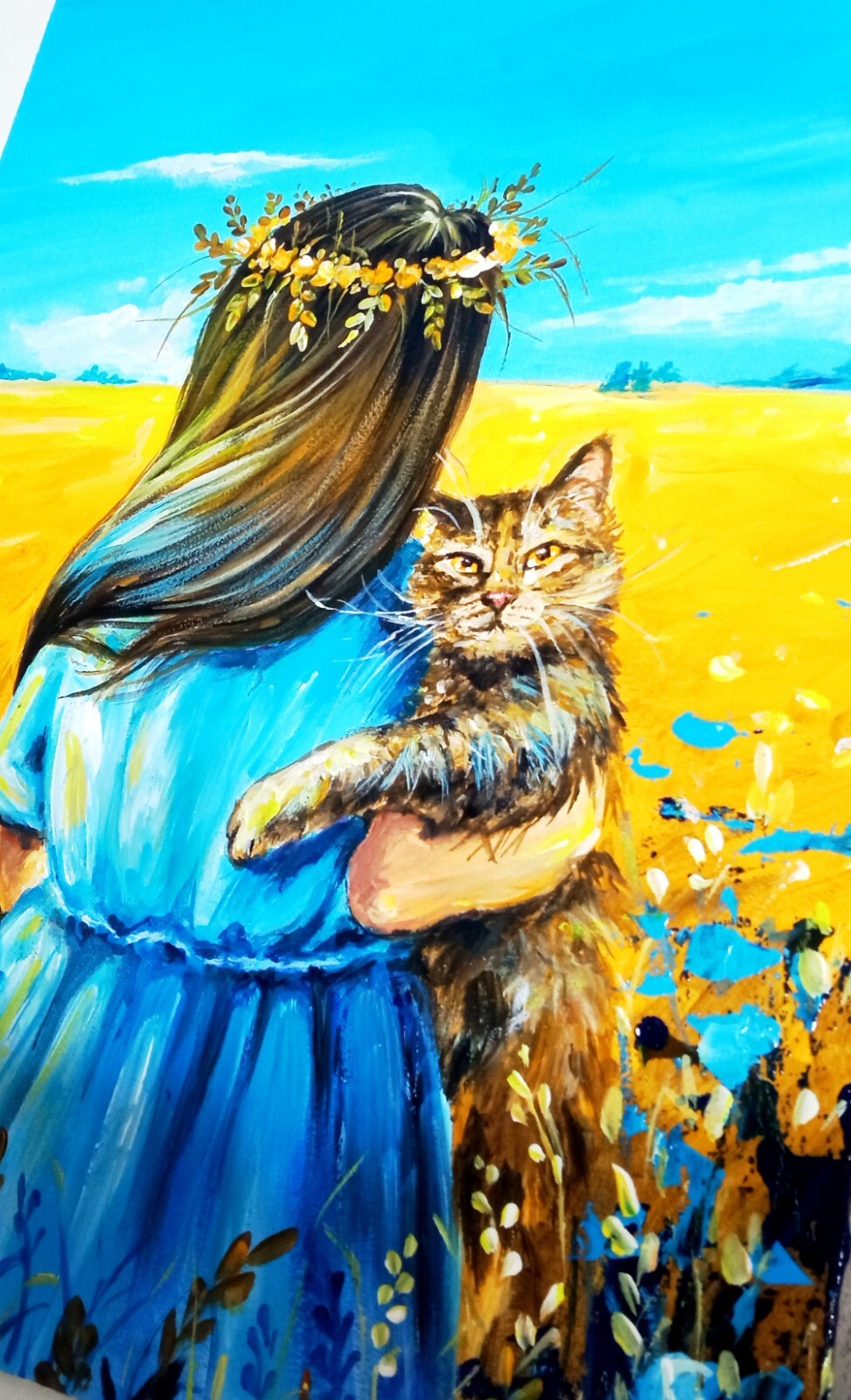 Ukrainian Patriotic Acrylic Painting, Woman with Cat, Blue and Yellow Artwork