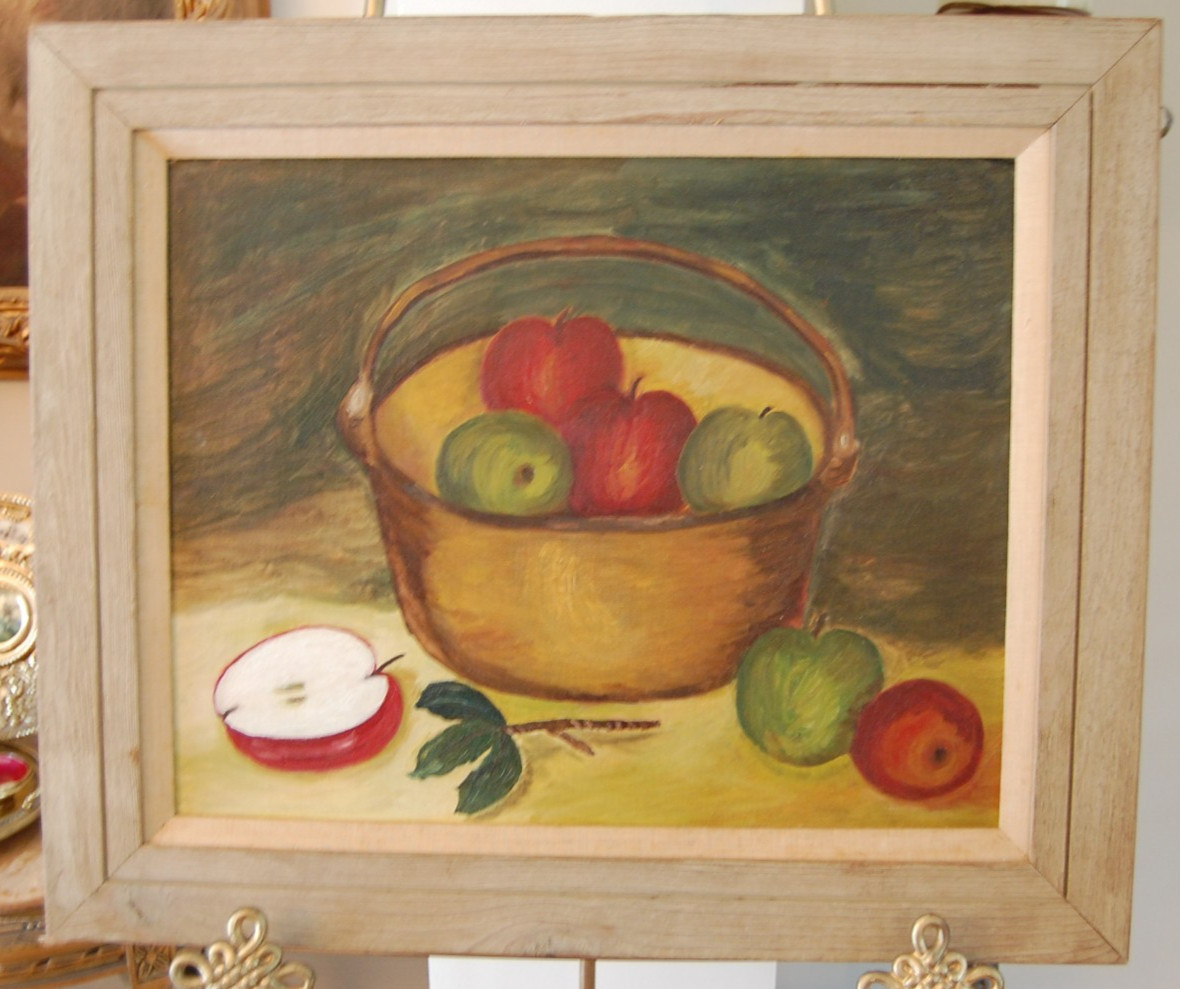 VTG 1950’S MCM FRAMED ORIGINAL PRIMITIVE FOLK ART OIL APPLES & POT A STILL LIFE