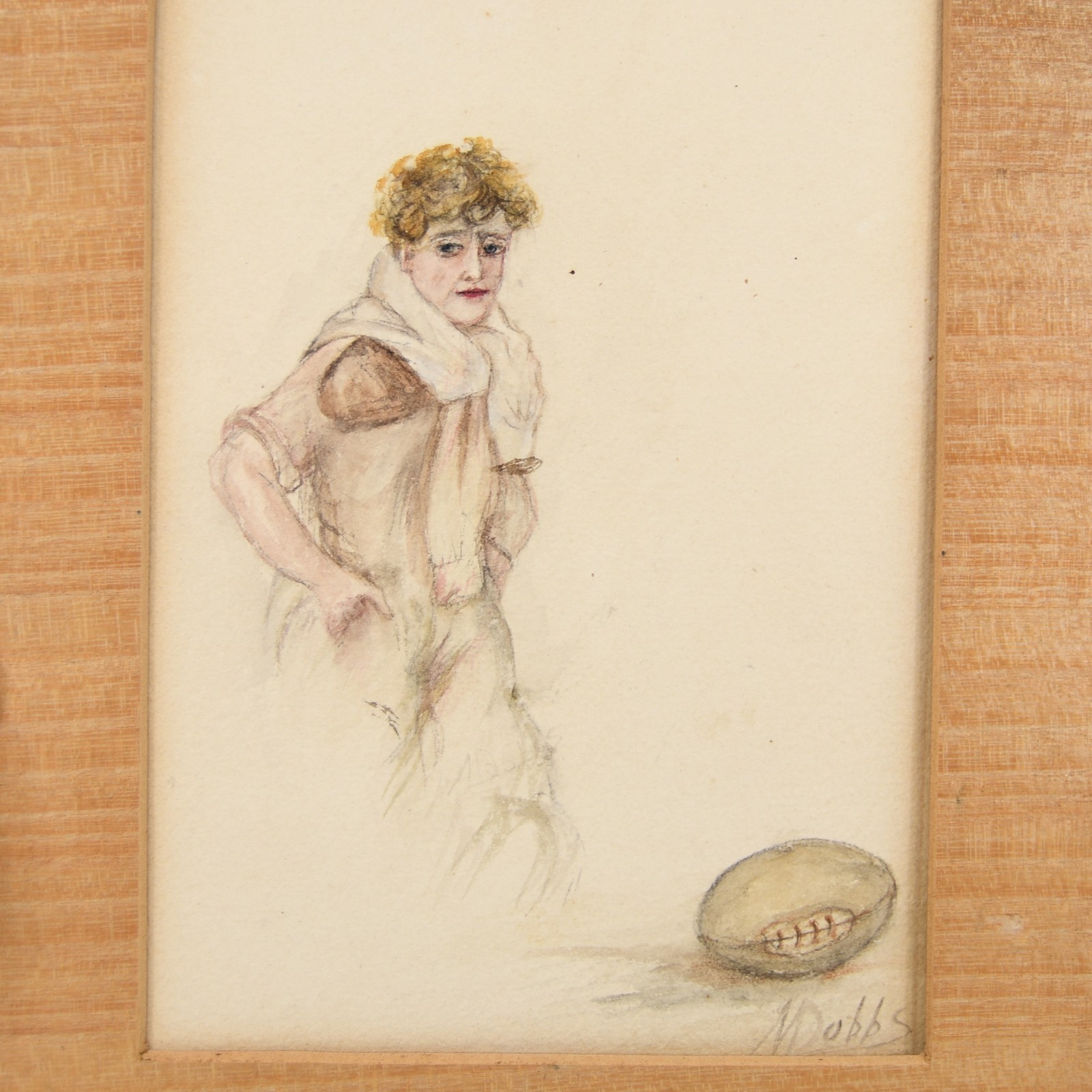 Antique c. 1900s Belle Époque Watercolor Sketch Portrait Man Football Sports 8″