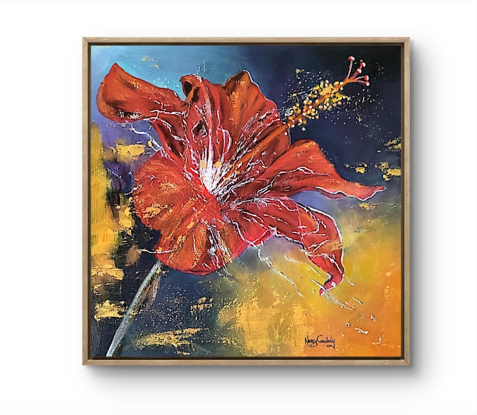 Original Expressionist 14 x 14 Red Hibiscus Acrylic Painting on Canvas