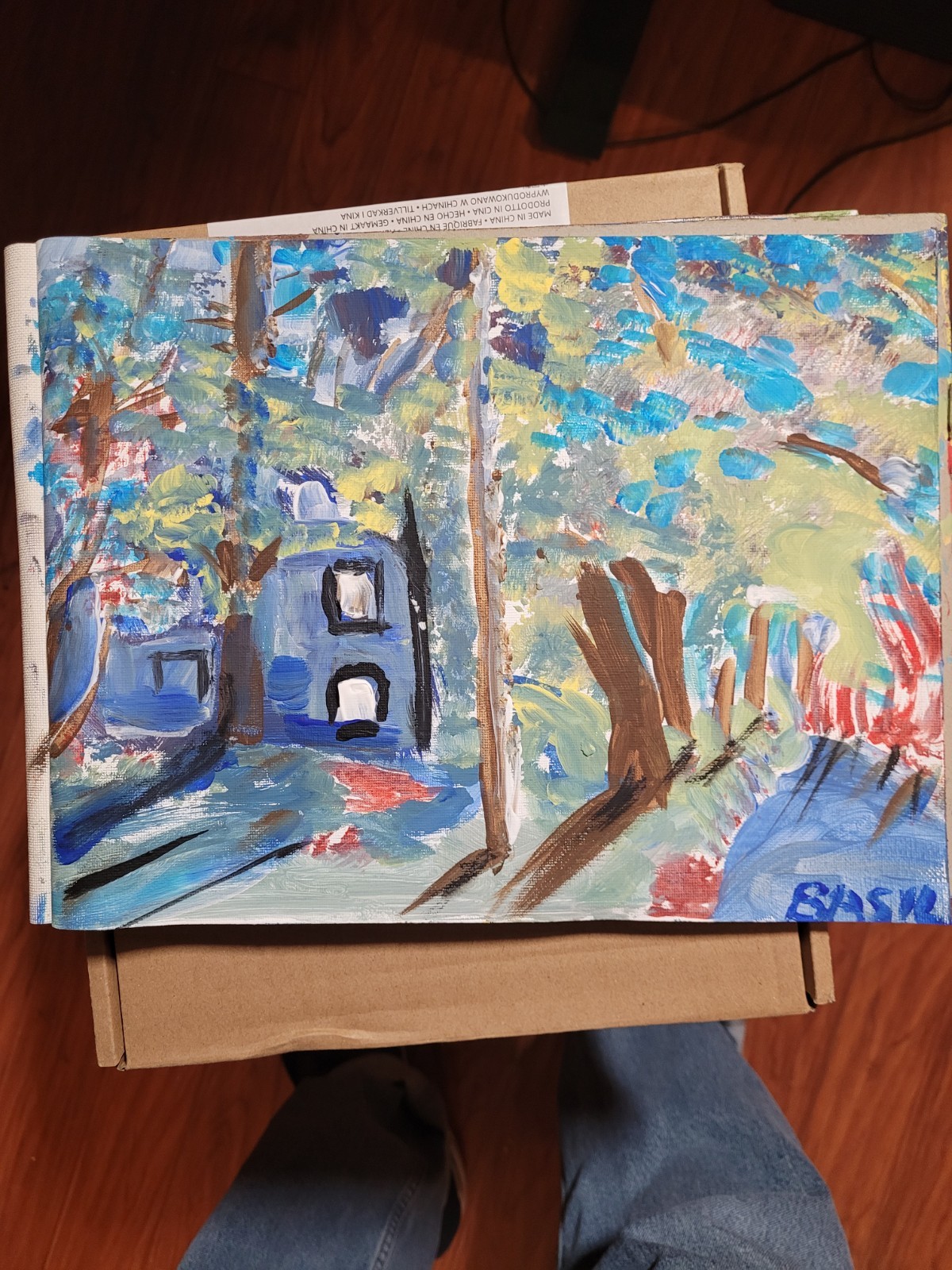 Whimsical Forest Cottage Landscape Original Acrylic Painting Colorful.