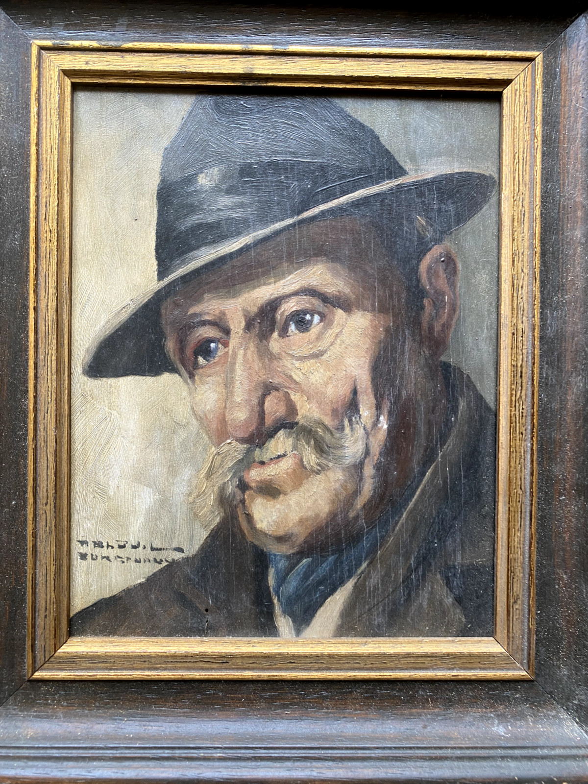 Signed Oil Painting Portrait Of An Old Man With Hat Farmer