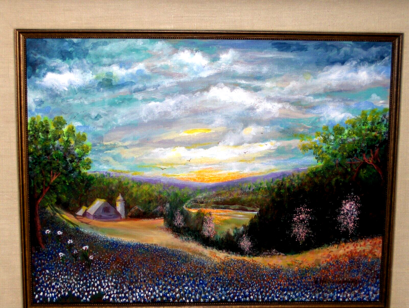 LARGE ORIGINAL Bluebonnet Landscape Lake Creek Blooming Tree Vintag Cnv Painting