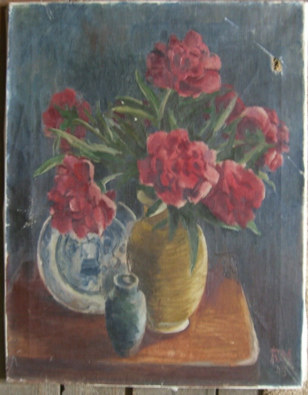 Still Life Peonies for Arranging Monogram 1943 Flower Vase Blossoms Oil