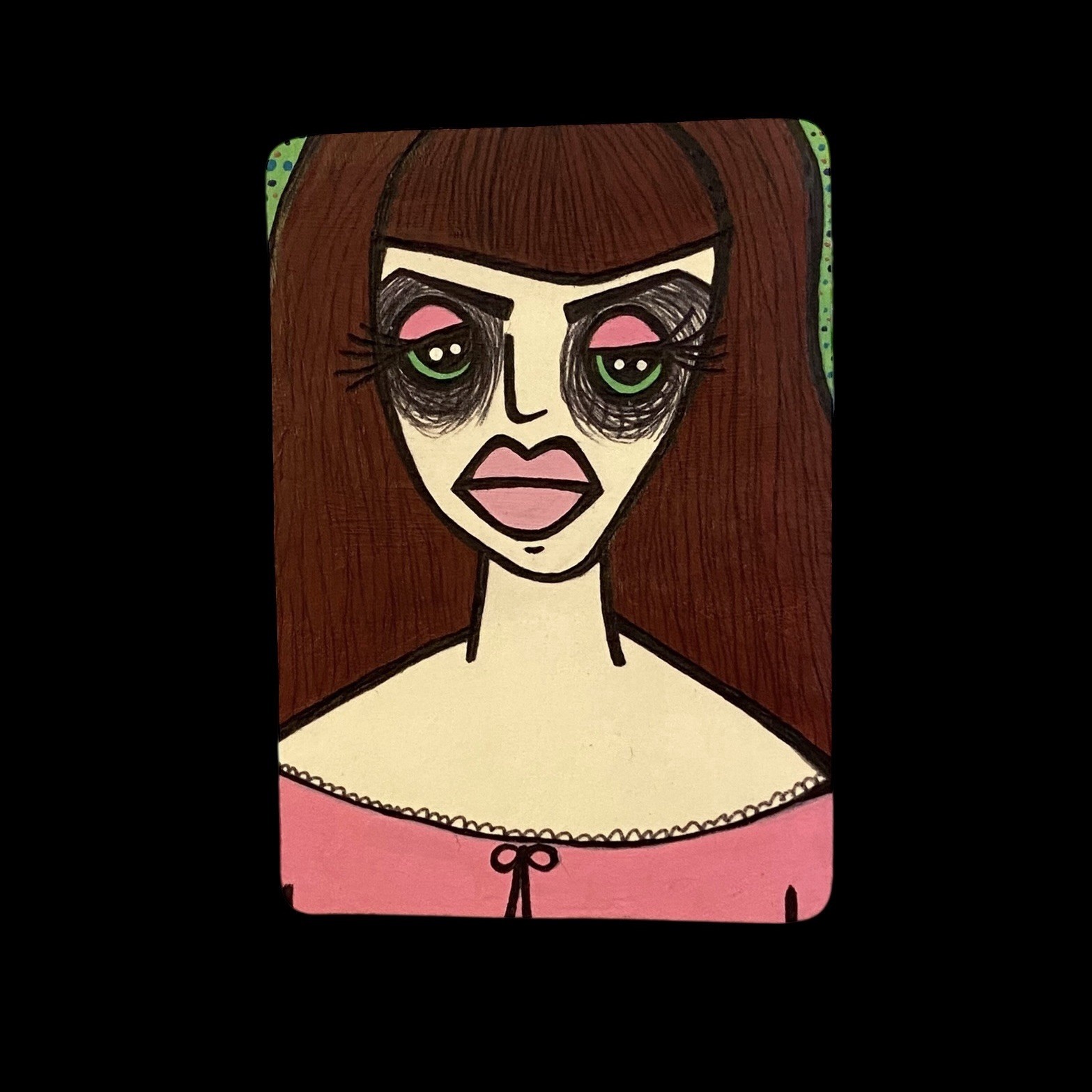 ACEO Mini Original Painting Woman Pink Lipstick Brown Hair Small Miniature art