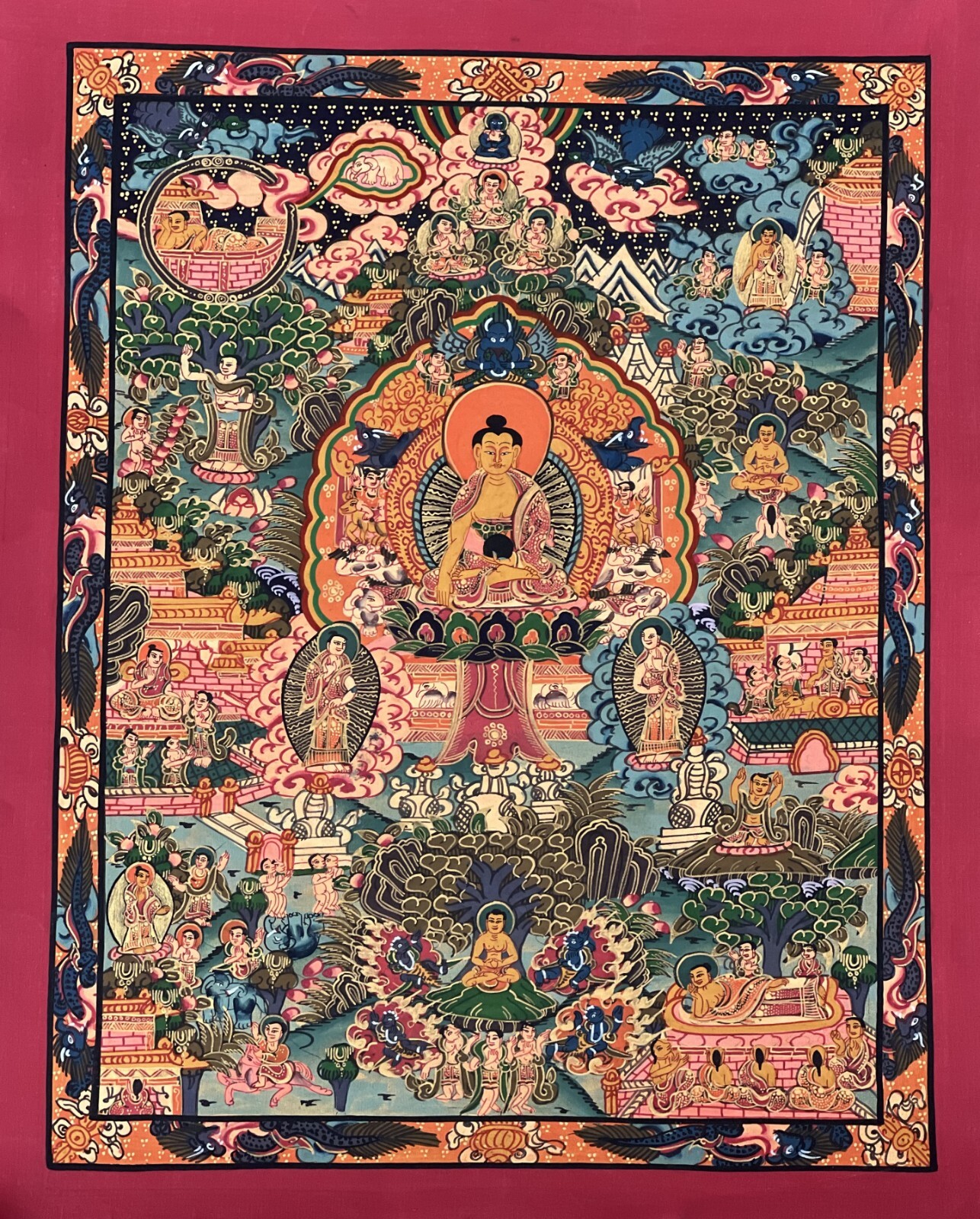 ORIGINAL HAND-PAINTED BUDDHA LIFE/WHEEL OF LIFE MANDALA TIBETAN THANGKA PAINTING