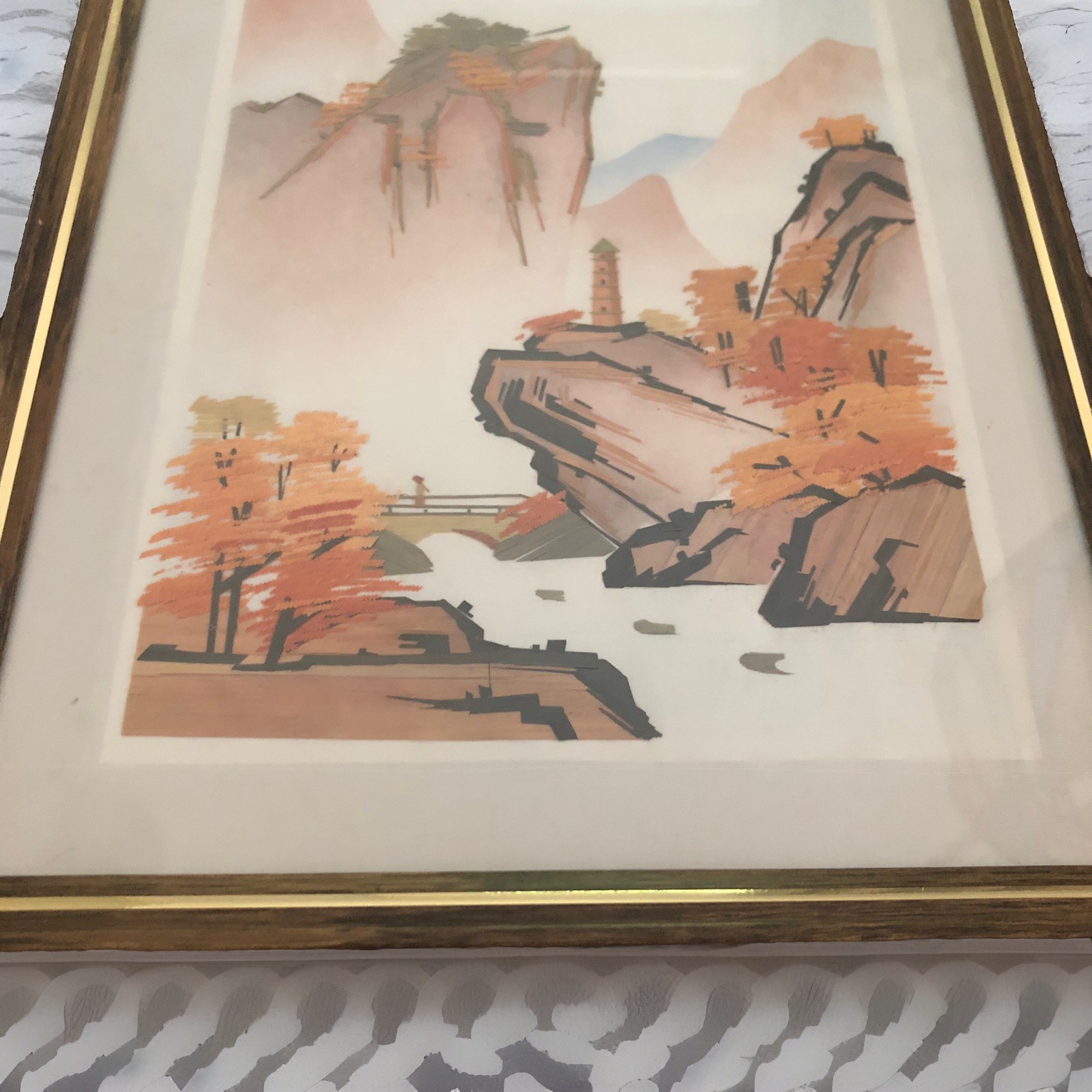 Asian Framed Picture 8”x12” Hills House Water Man Pastel & Gold
