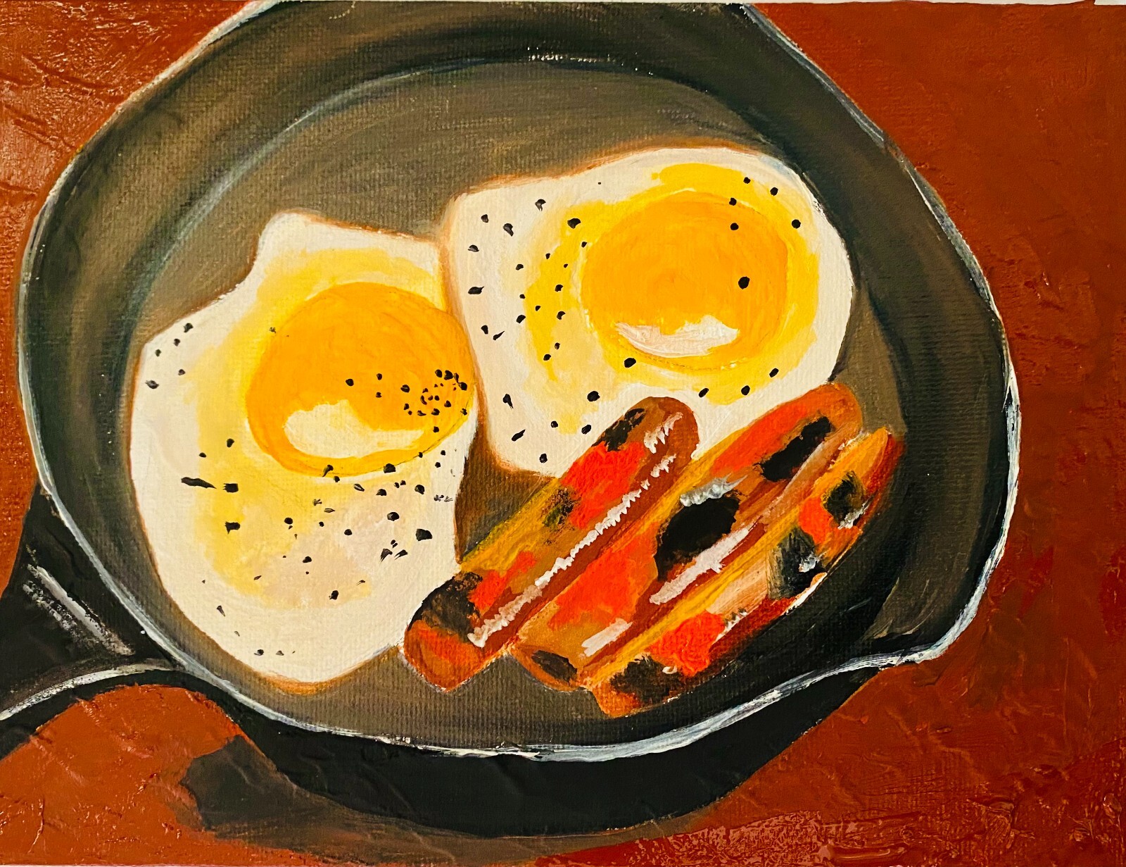 Food Painting Scrambled Eggs and Sausages Painting – Handcrafted Breakfast Food