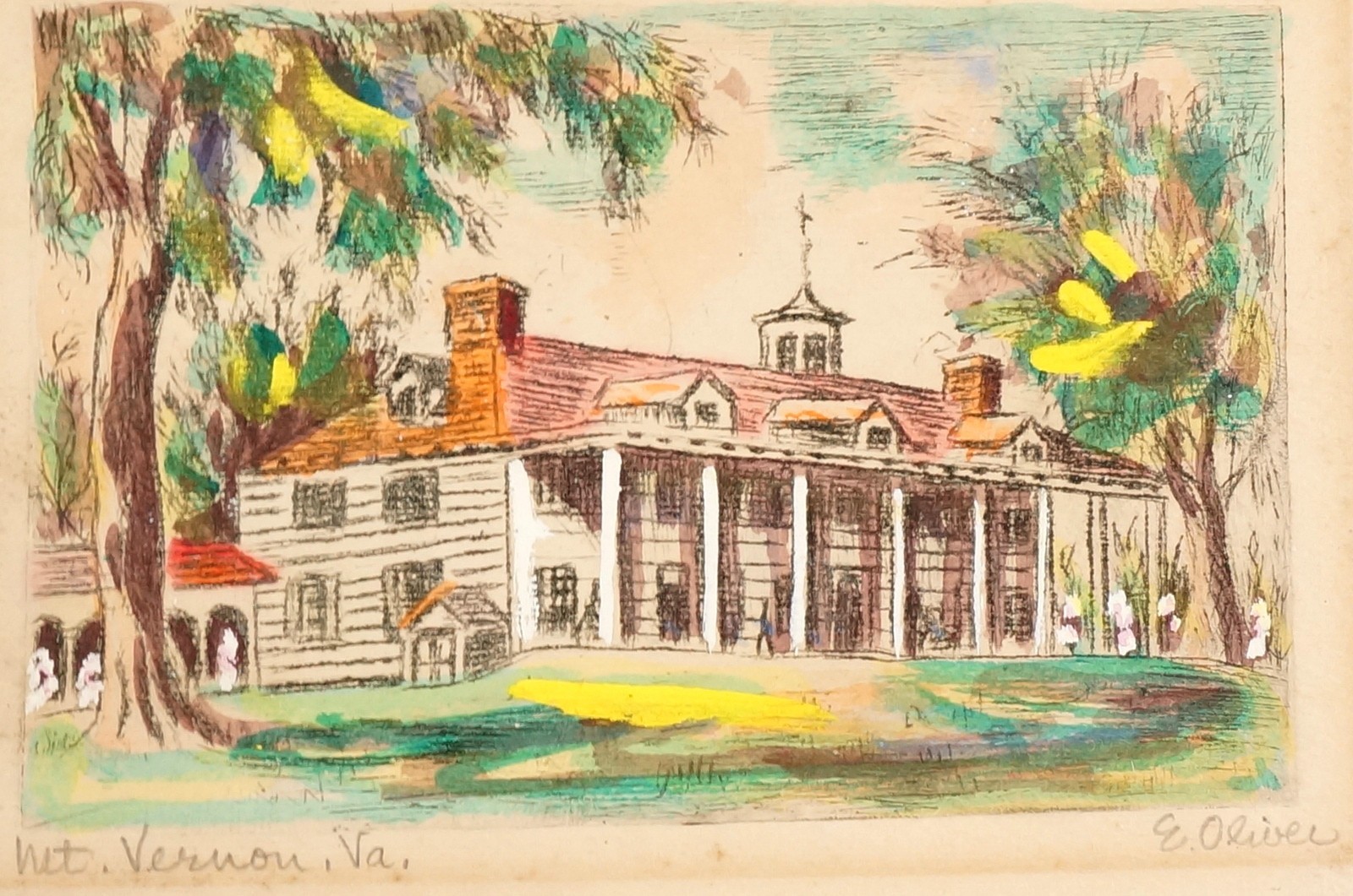 Vintage Edith Walker Oliver Signed Hand Colored Etching Art Print of Mt. Vernon