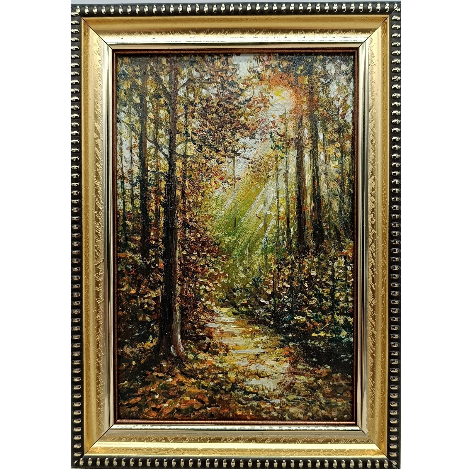 Forest Landscape Original Oil Painting 6×4 Framed Signed Autumn Woods Sunray Art