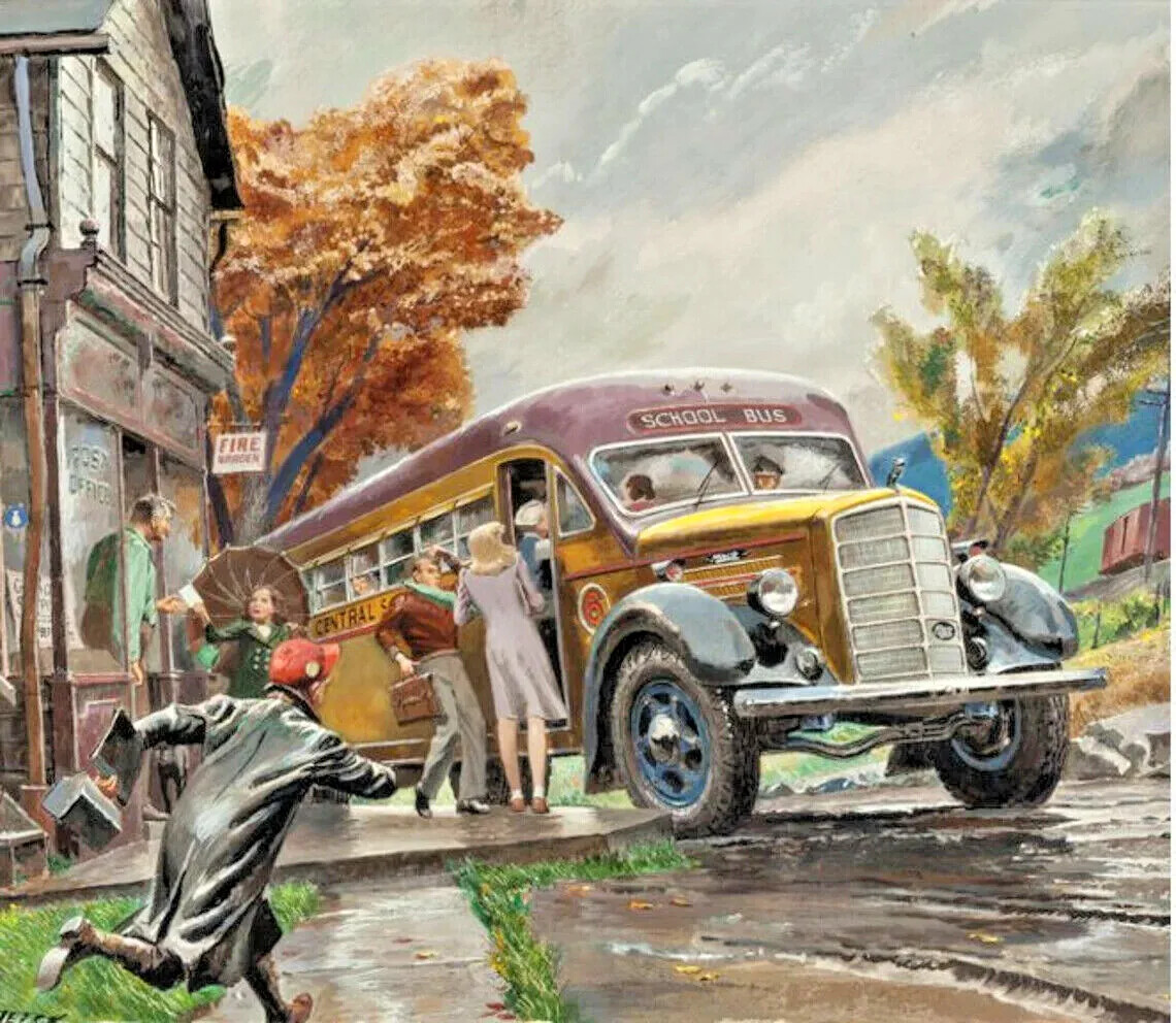 LATE for SCHOOL BUS 16X12 Children 30s 40s Vintage Illustration Art Mack Truck
