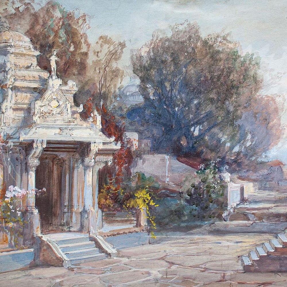 Temple Complex Shrine Asian Asia Unsigned Oil on Paper 19th Century
