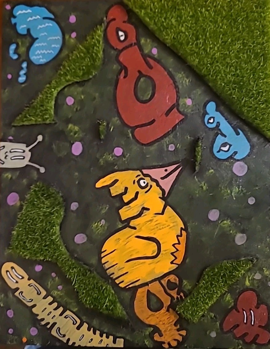 Original Painting Alien Duck Creatures Spring Space Bugs Lawn Grass Insect Heads