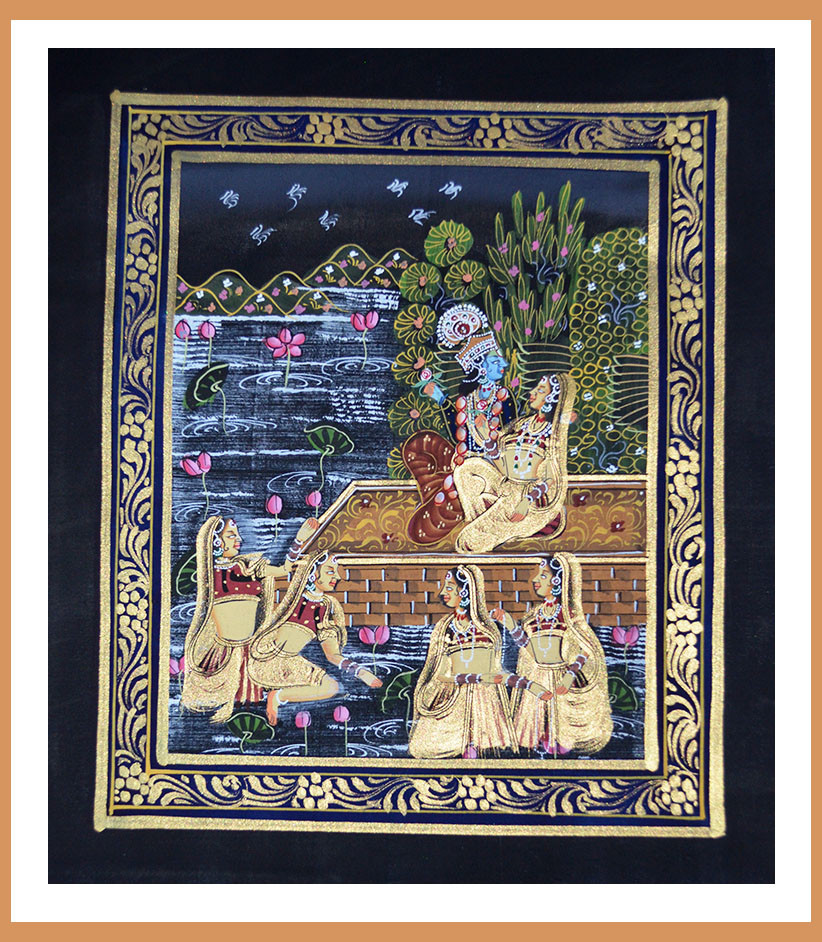 Radha Krishna Miniature Original Painting on Silk Cloth India Natural Colors!