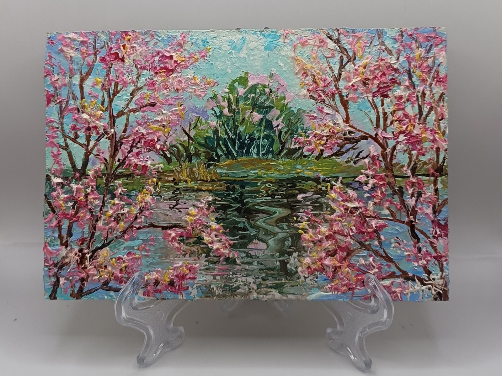 Original Pink Tree Painting Small White Framed River Pond Water Reflections Art