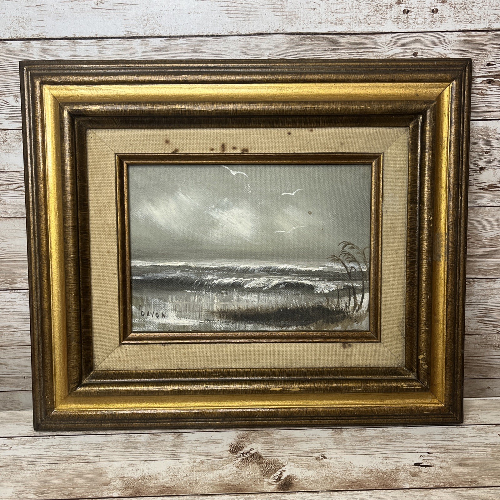 Vintage Framed Oil On Canvas Painting Seascape Ocean Waves Grays 5×7 Signed
