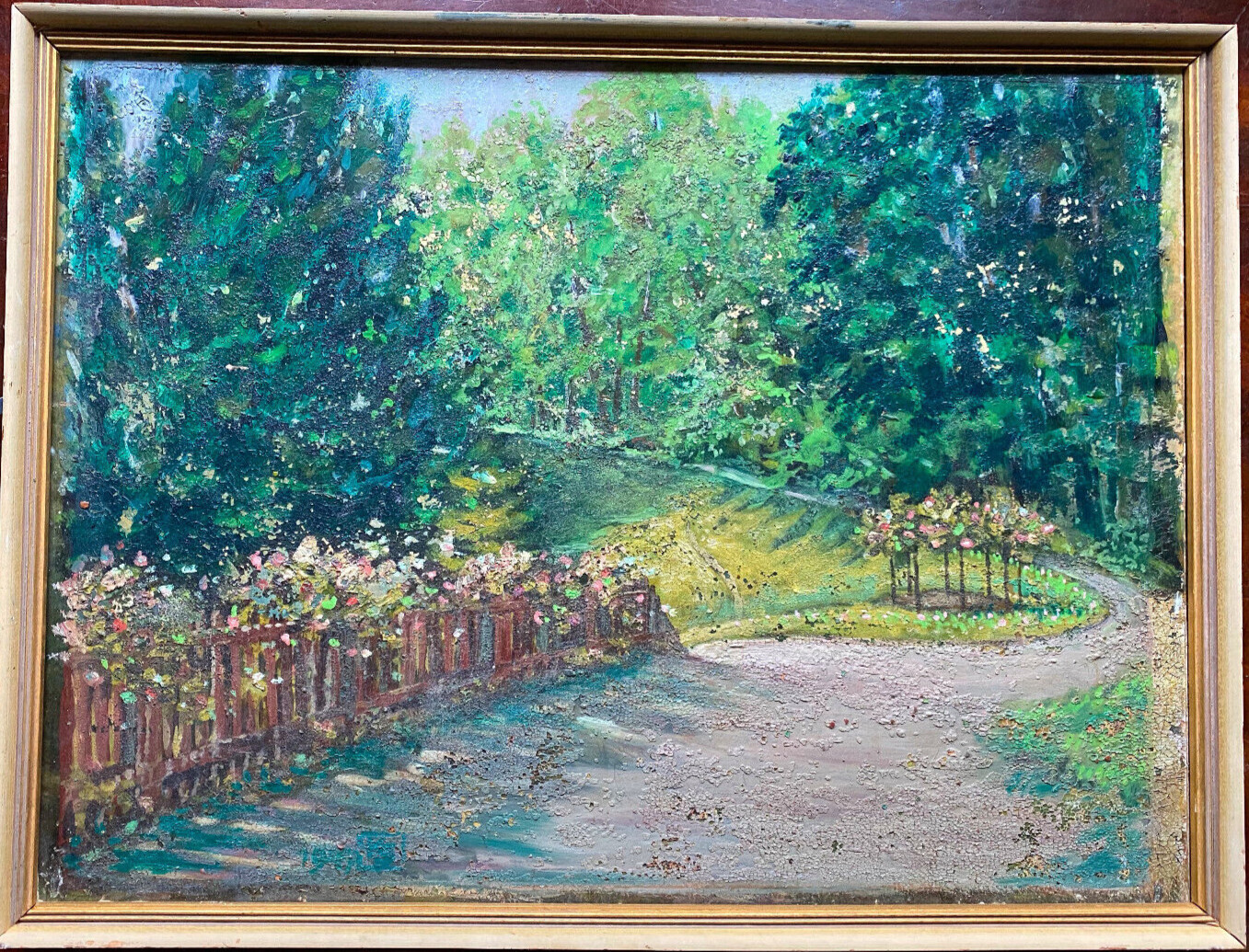 :: 1947 OIL PAINTING SUMMER FOREST ENTRANCE WITH FLOWERING FENCE