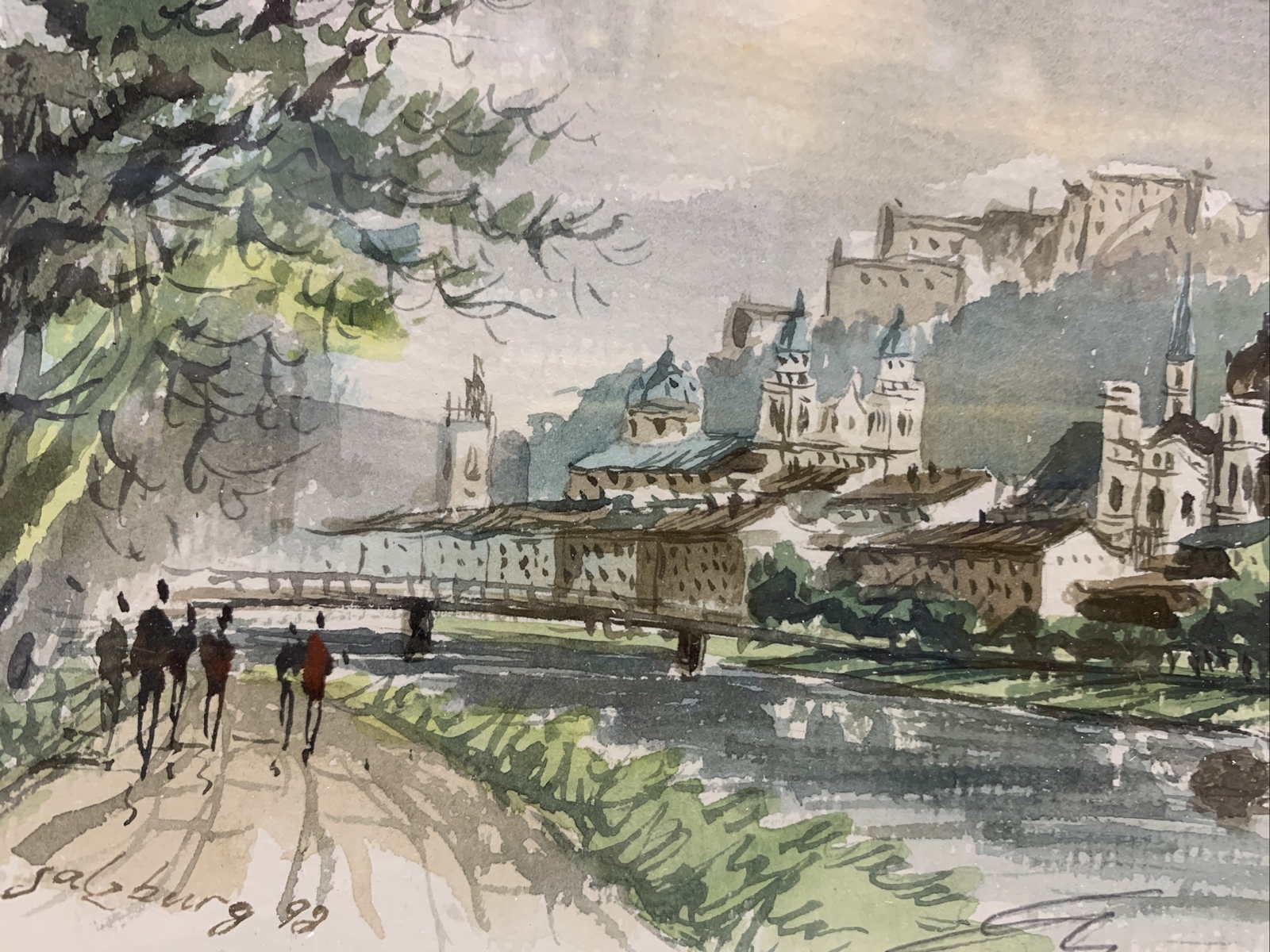 Saltzburg Marina Painting Harbor Watercolor Art Matted Framed 14×12” Germany