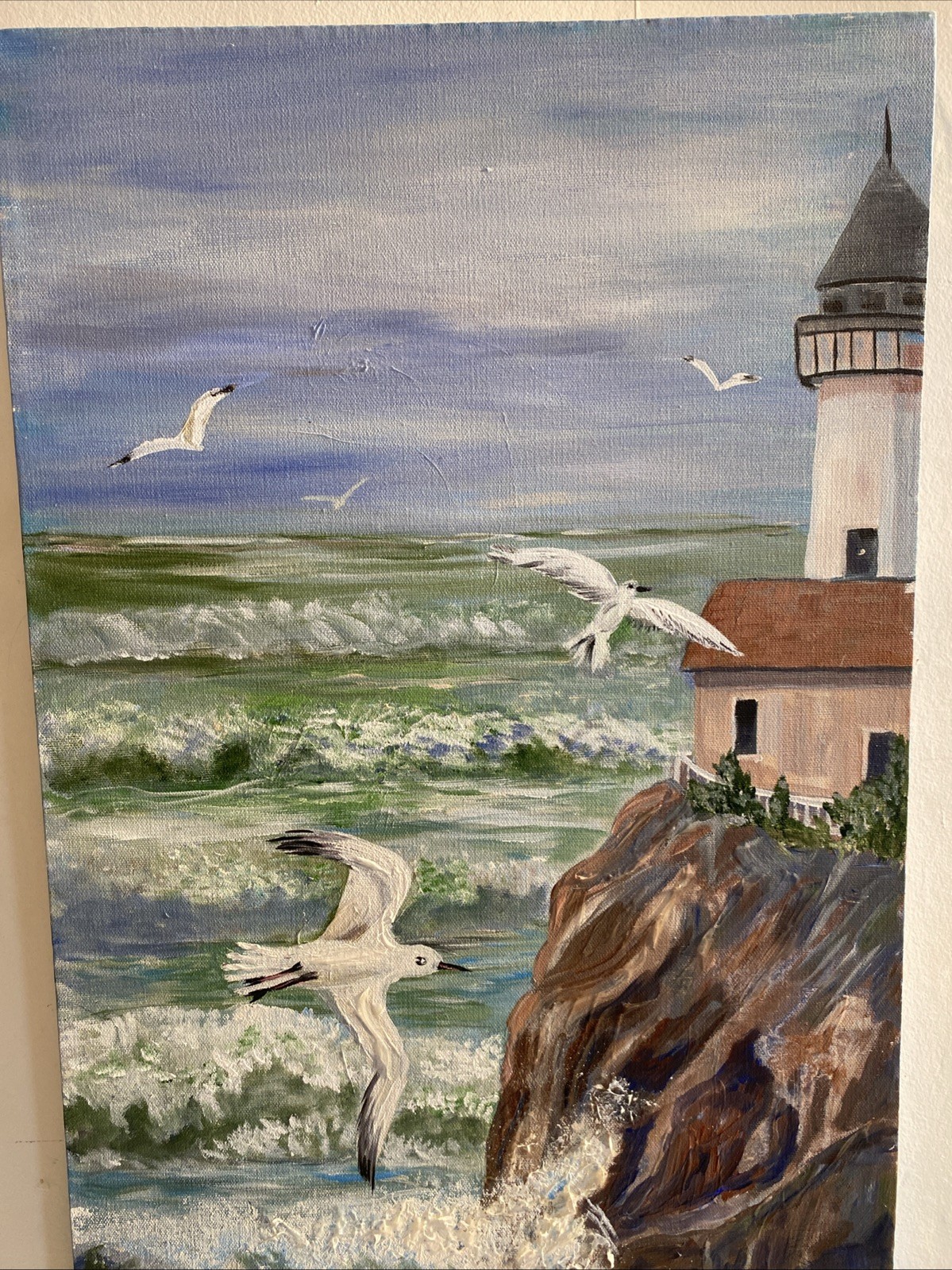 Seascape Lighthouse Acrylic Painting Signed WEBB Waves Crashing Rock Seagulls