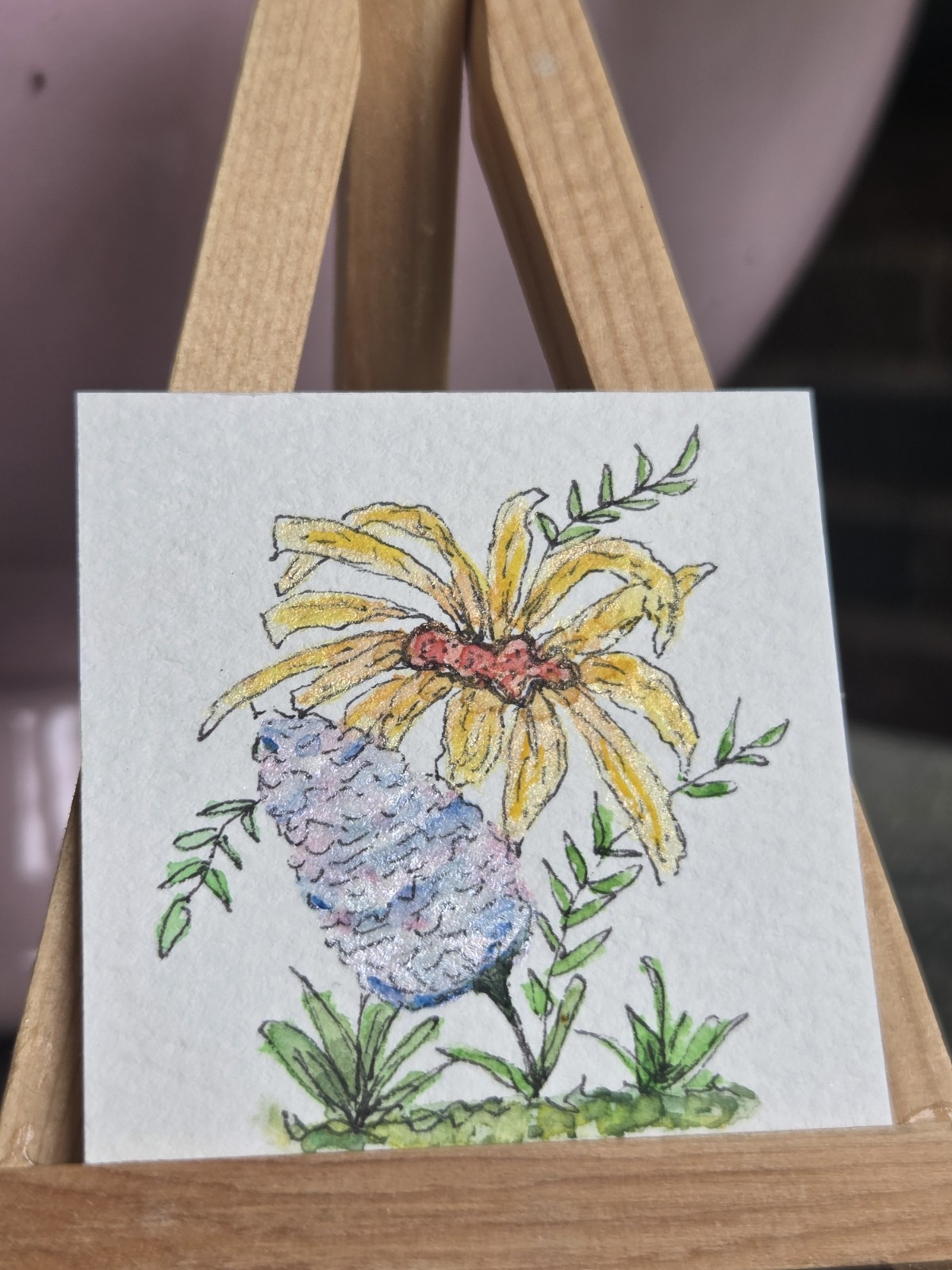 ACEO Original Yellow Wildflower Watercolor Ink Floral Miniature Art 2×2 OOAK