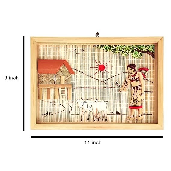 A Wall Frame of A Tribal Lady Standing With Goats Near Hut Bamboo Handcrafted