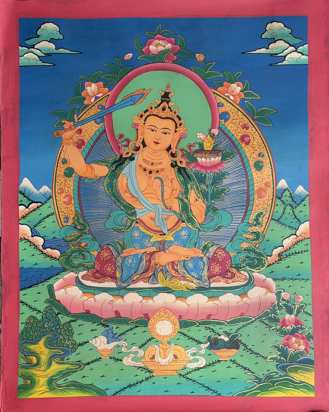 HAND-PAINTED MANJUSHRI BODHISATTVA SMOKY TIBETAN THANGKA ART– GOD OF WISDOM