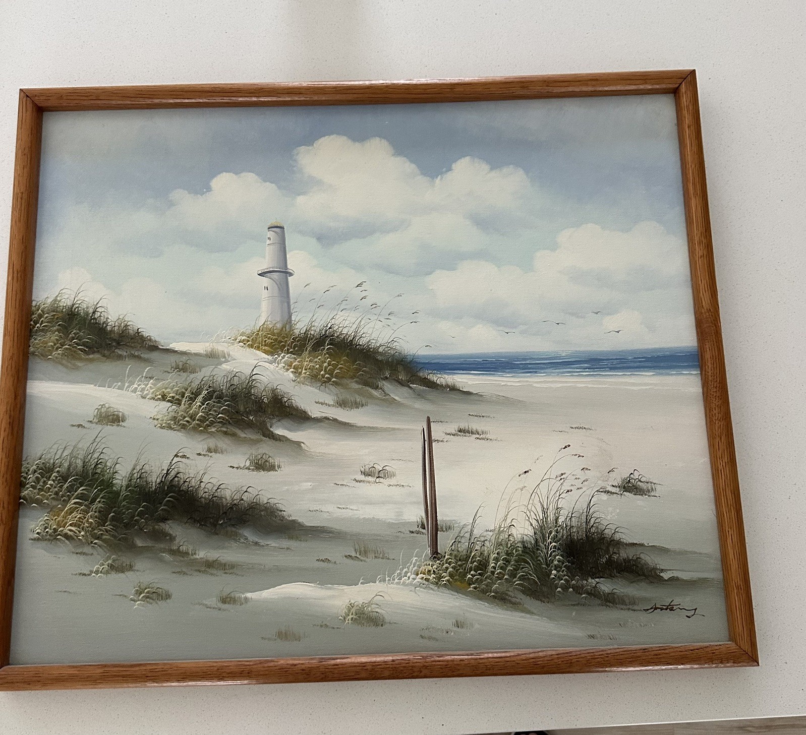 Vintge Shades of Blue ORIGINAL Coastal Lighthouse Seascape SIGNED Anthony FRAMED