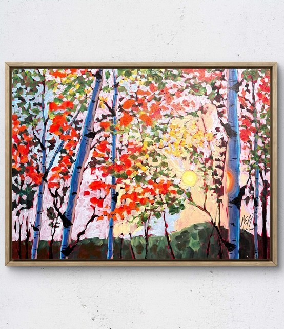 Maria Art SUN LIGHT BIRCH FOREST 18×24 Contemporary Bold Landscape Oil Original
