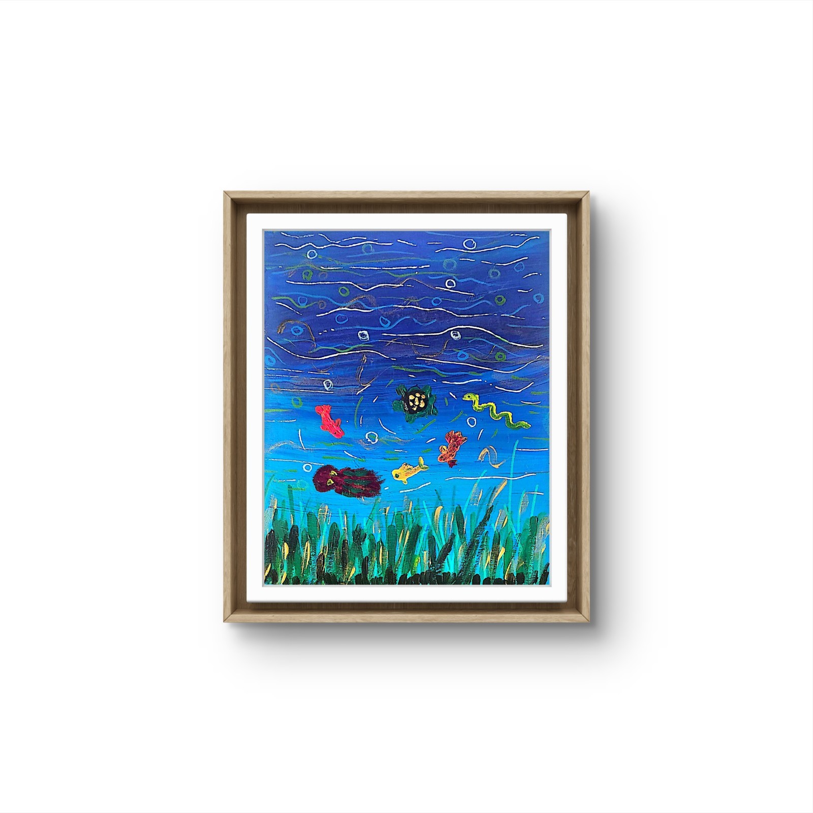 Koi Turtle Pond Acrylic Painting Whimsical Lake Art Original 8×10