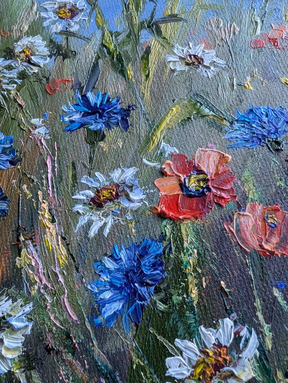 Cornflowers, Daisies, Poppies ORIGINAL OIL Painting WILDFLOWERS impasto 10″x 8″