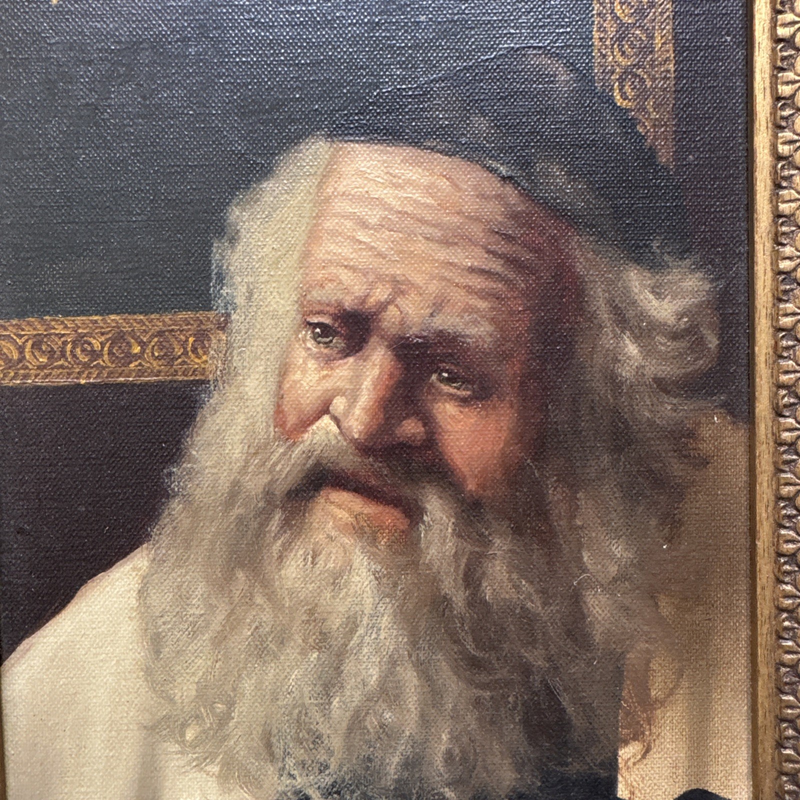 Vintage Oil Painting On Canvas Rabbi Judaica Framed And Signed -A
