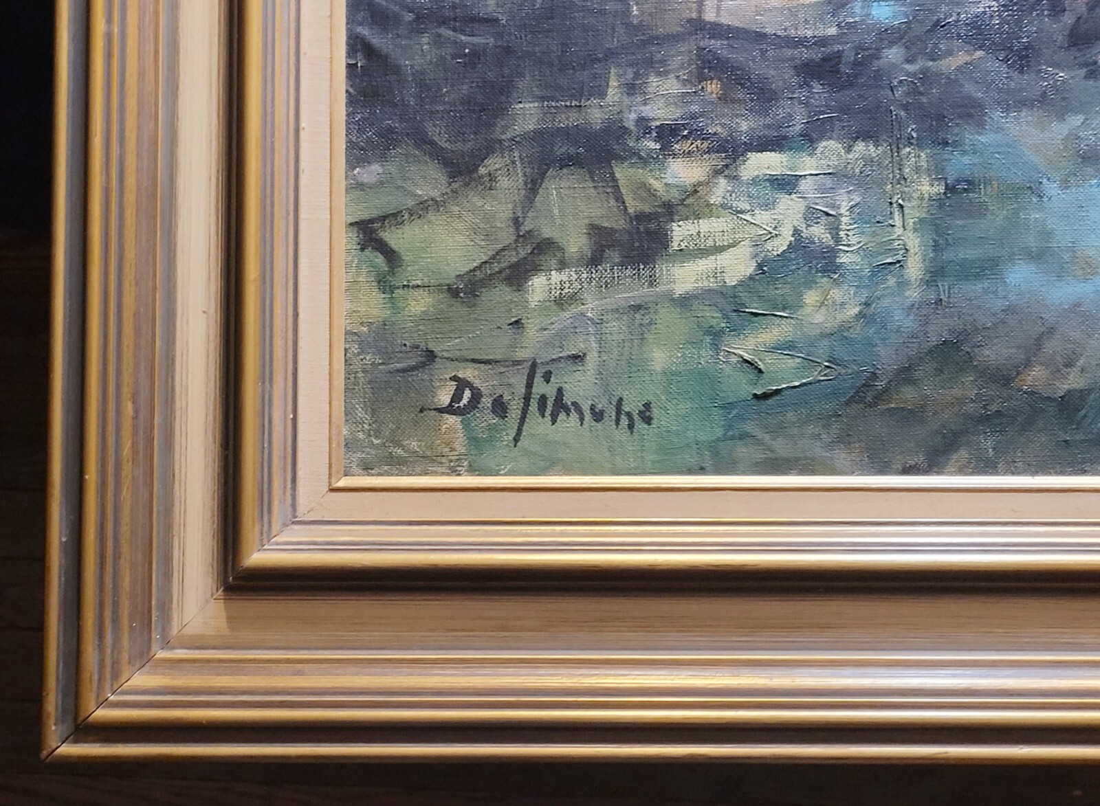 Vintage Large MCM Abstract Framed Mountain Village Painting Signed Landscape Art