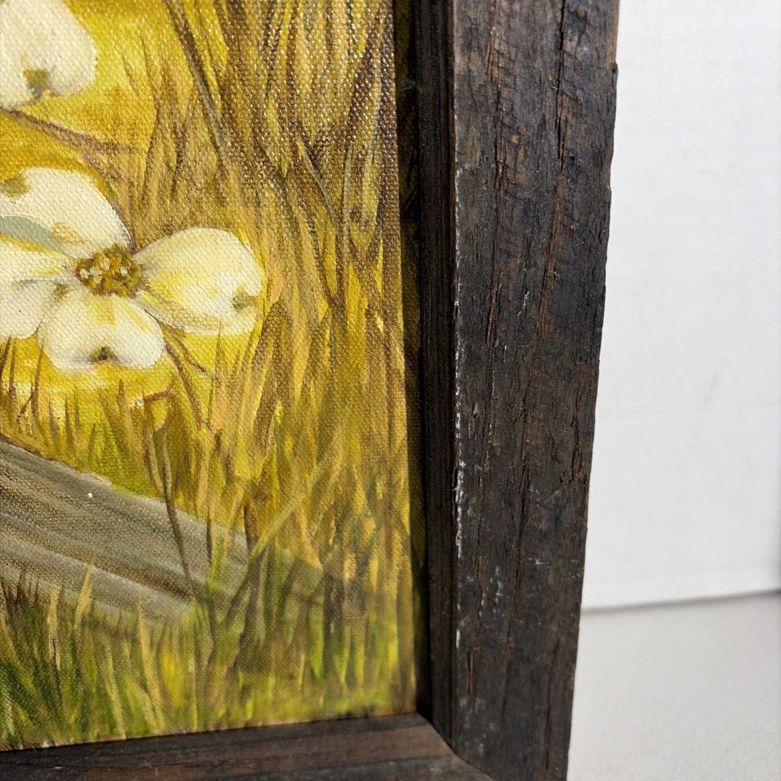 Vintage White Dogwood Blossoms Art Painting Flowers Rustic Botanical Landscape