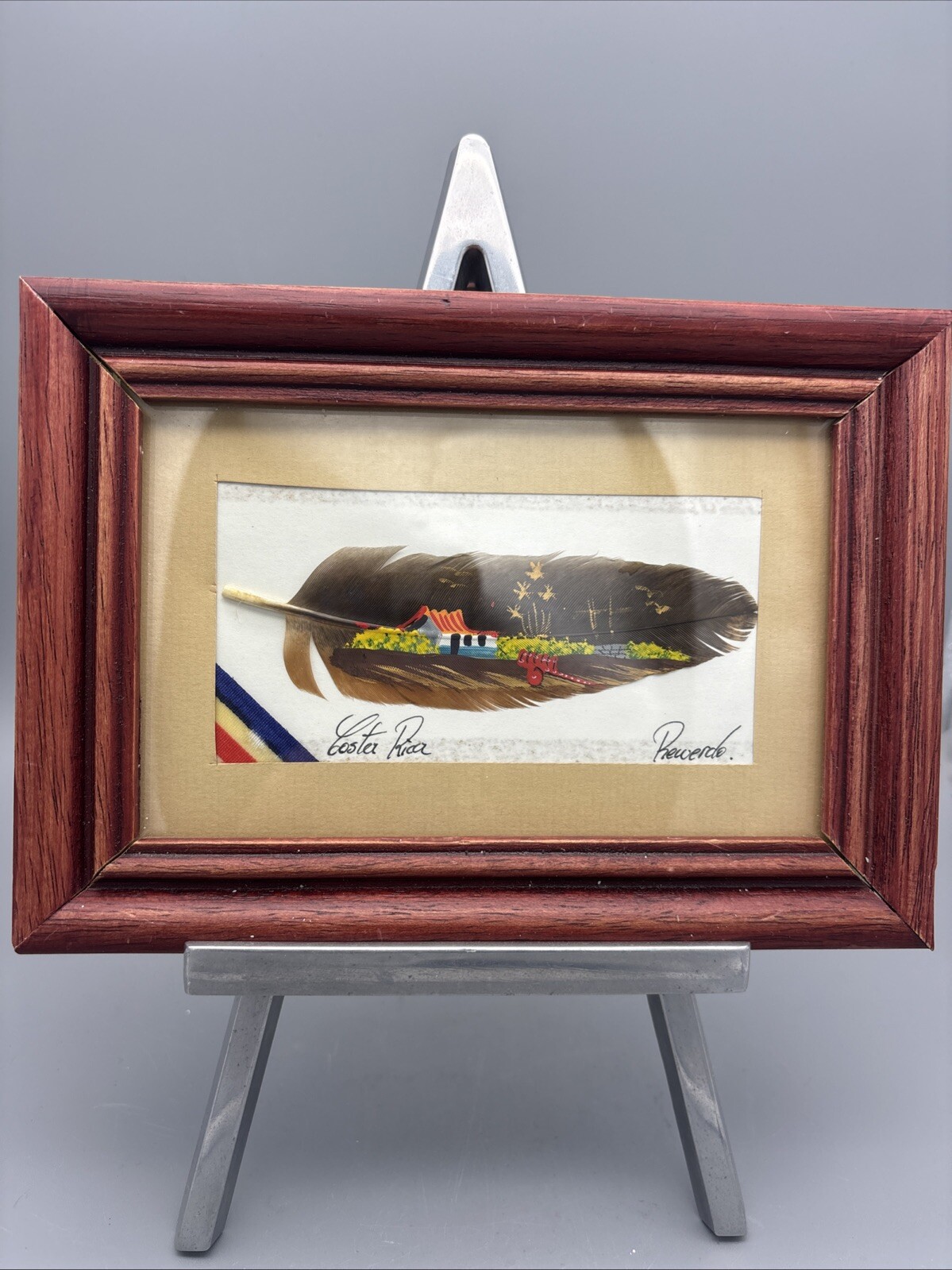 Vintage Framed Hand Painted Feather Grove Scene from Costa Rica Signed 7.25×5.25