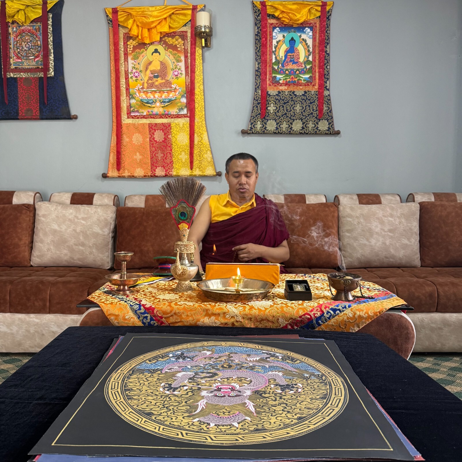 Dragon Mandala Thangka Painting, Handmade Tibetan Art for Meditation, Decoration