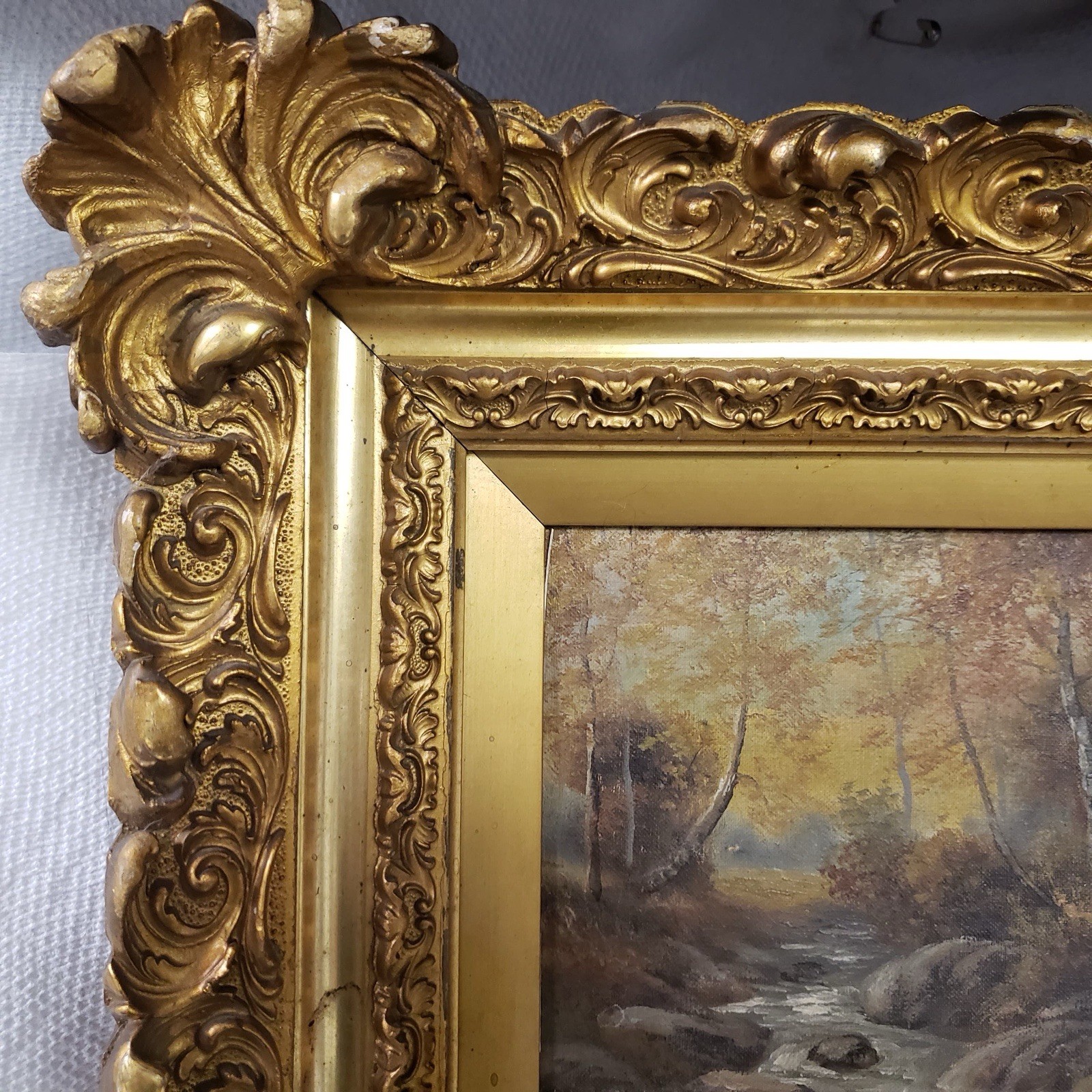 Vintage Gild Framed Landscape Painting on Canvas Forest Trees River Stream, sign