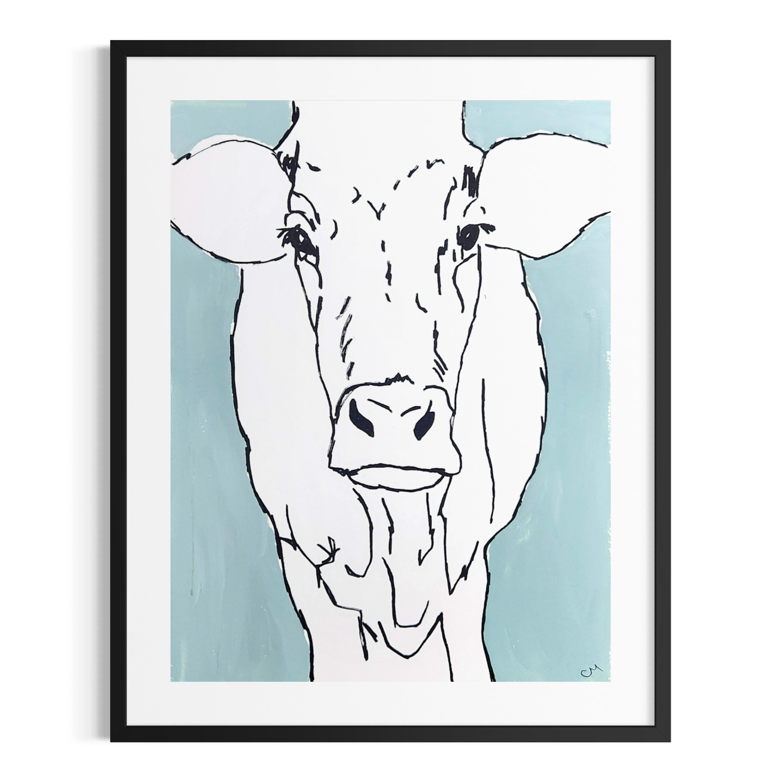 Original Minimalist 9×12 Cow Acrylic Painting Green Animals Wall Art Paper