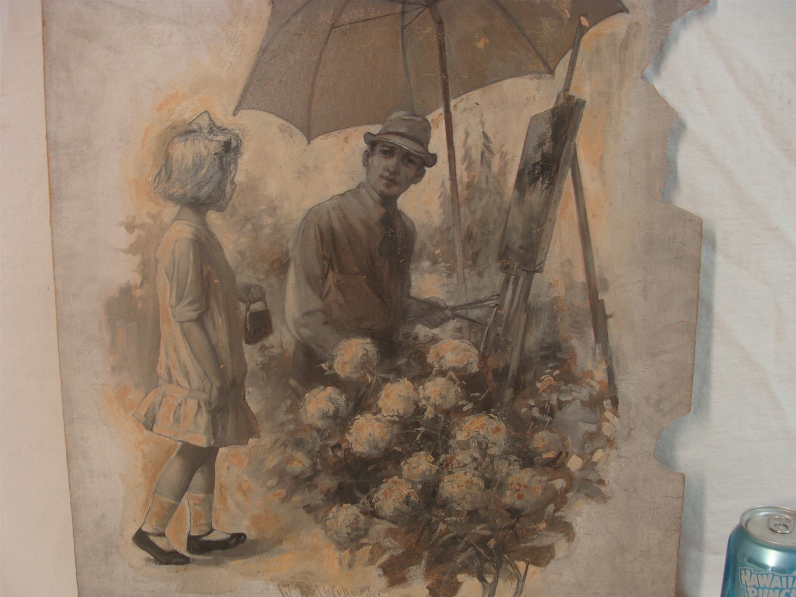 Antique 19C William A McCullough Painter Under Umbrella & Girl Painting