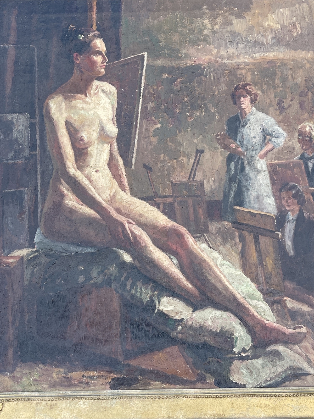ANTIQUE PAINTING 1930’S Class STUDIO PORTRAIT PRETTY WOMAN FEMALE MODEL MYSTERY