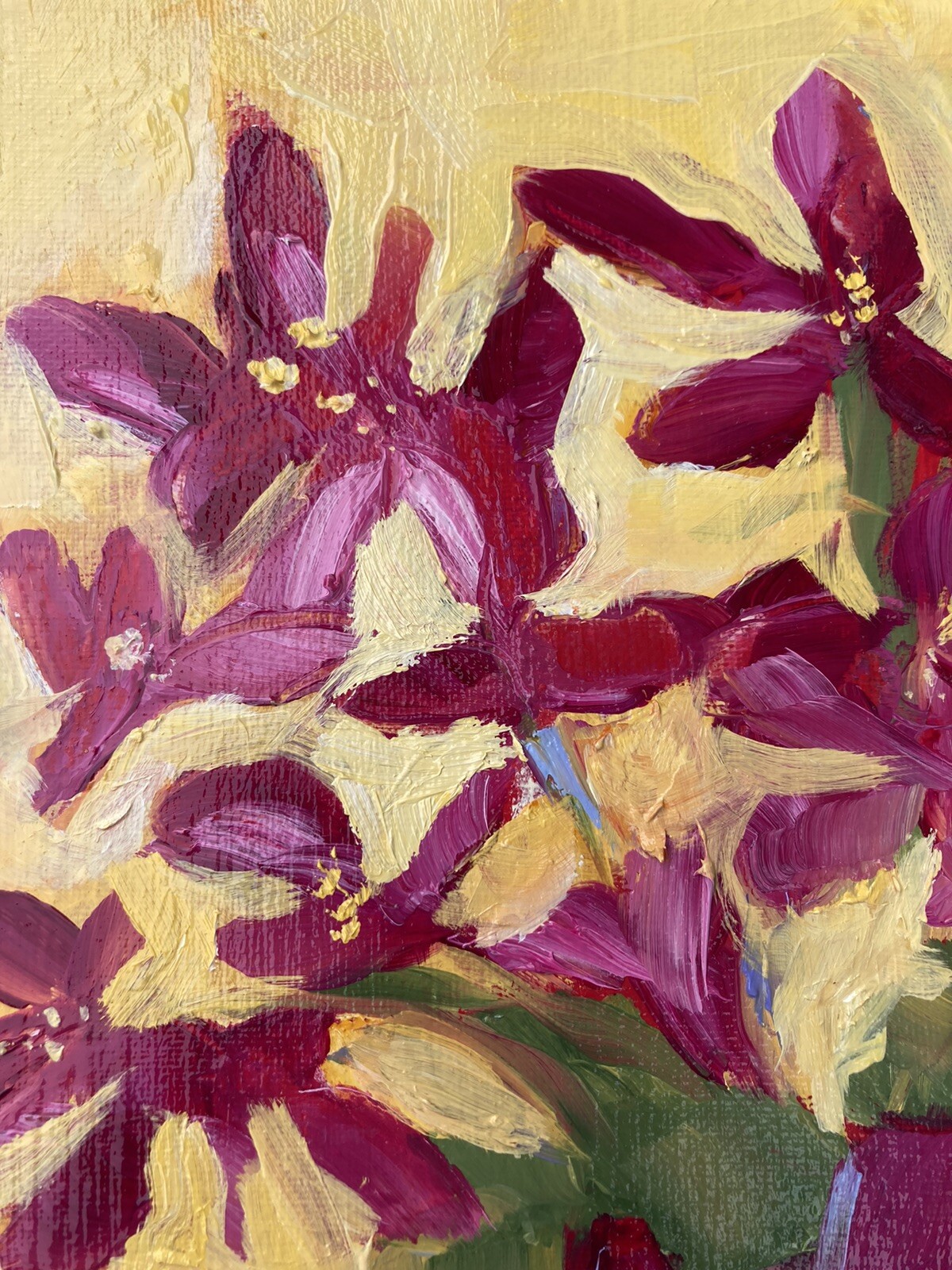 “Pink Flowers And LemonsOn Periwinkle “ AnOriginal Oil Painting 12”x9” On Canvas