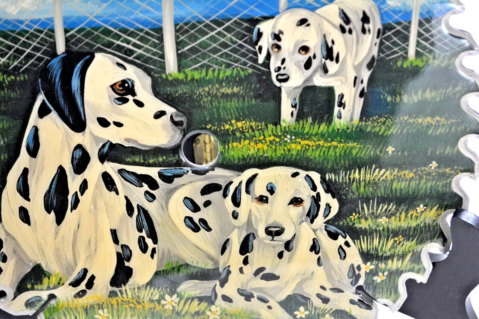 Three Dalmations by Lori Mills heavy Laquer Top Custom Painted 10″ Saw Blade