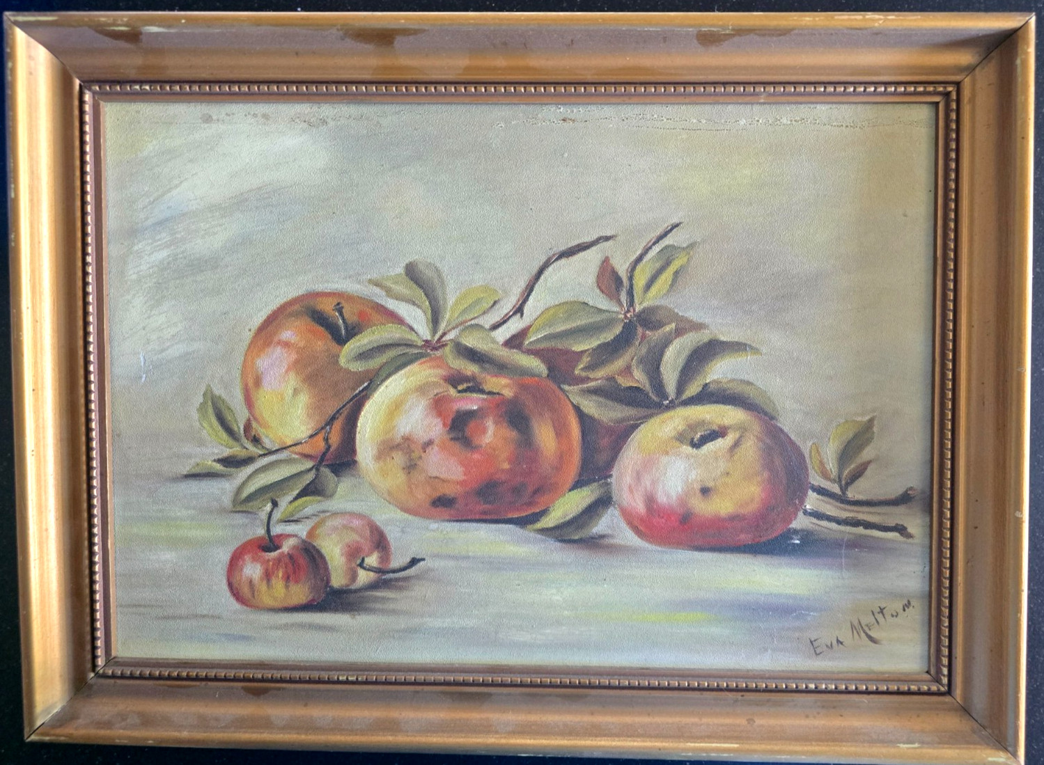 Vintage 1940’s Framed Hand Painted Still Life, Apples, Signed Eva Melton