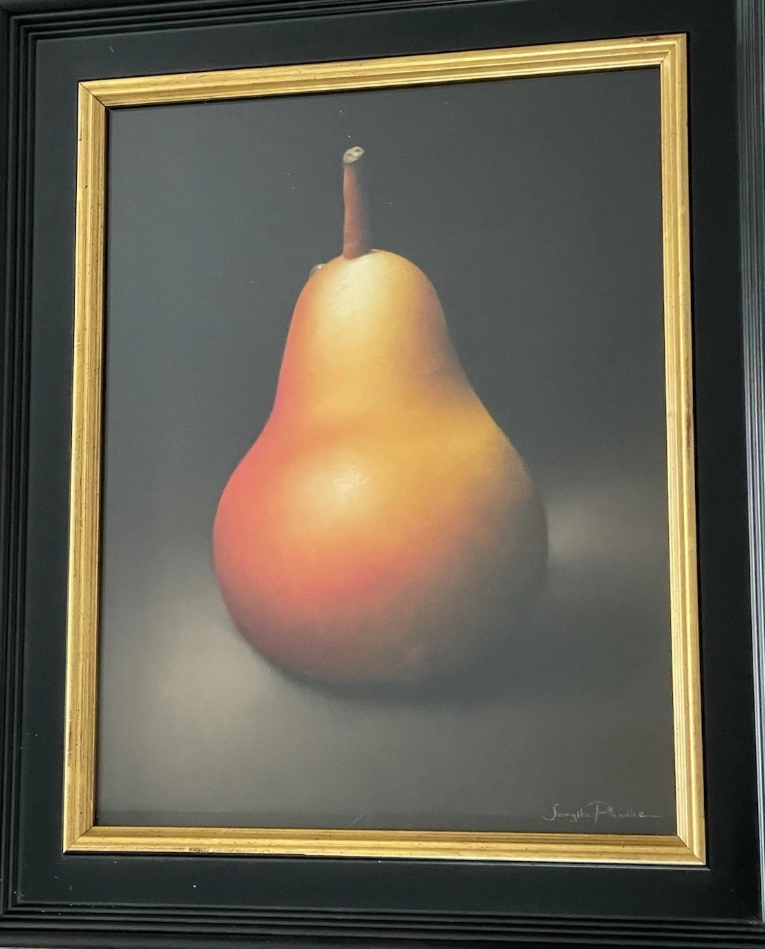 SANGITA PHADKE ORIGINAL PAINTING The Last Dew Drop Pear framed pastel Fruit Art