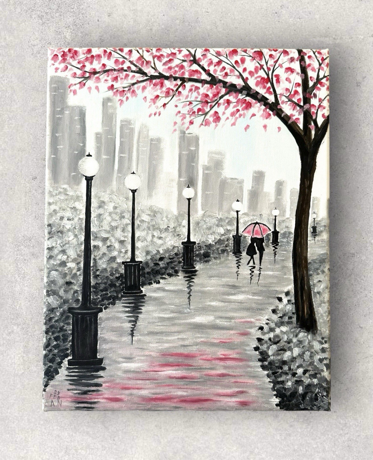 Romantic Couple Rain Walk Oil Painting 11×14 in | Cherry Blossom Wall Art