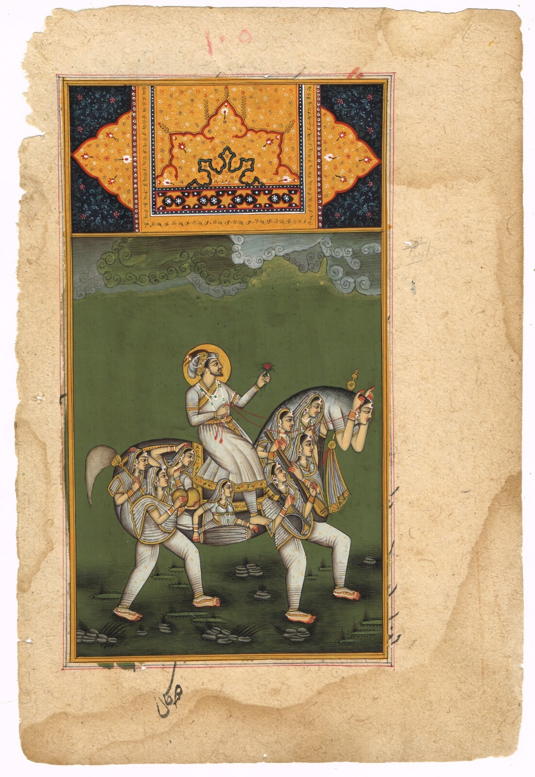 Indian Miniature Painting Of Mughal King On Composite Horse On Paper 6.5×10 Inch