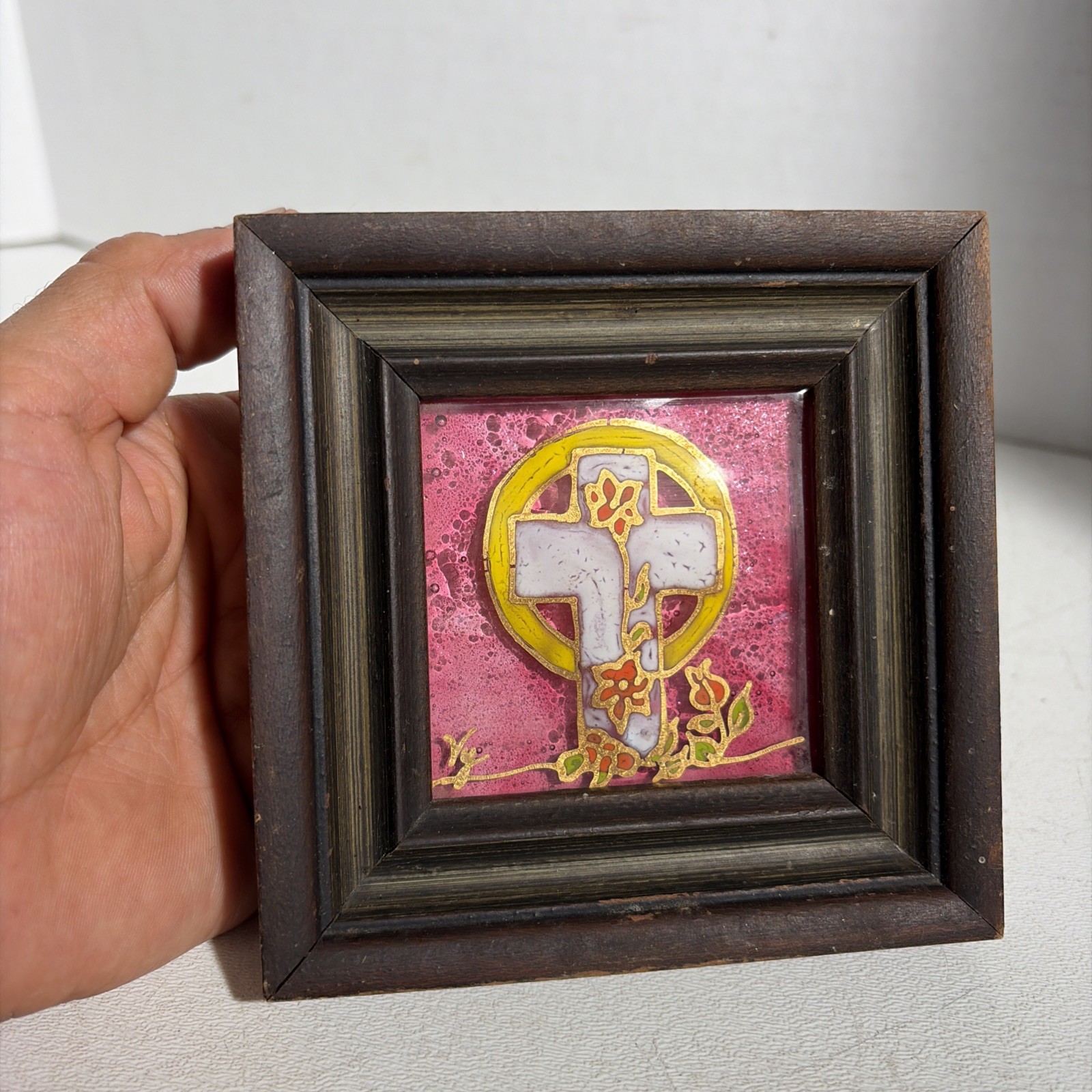 Vintage Small White Cross Art Painting Pink with Flowers Yellow Sun Signed